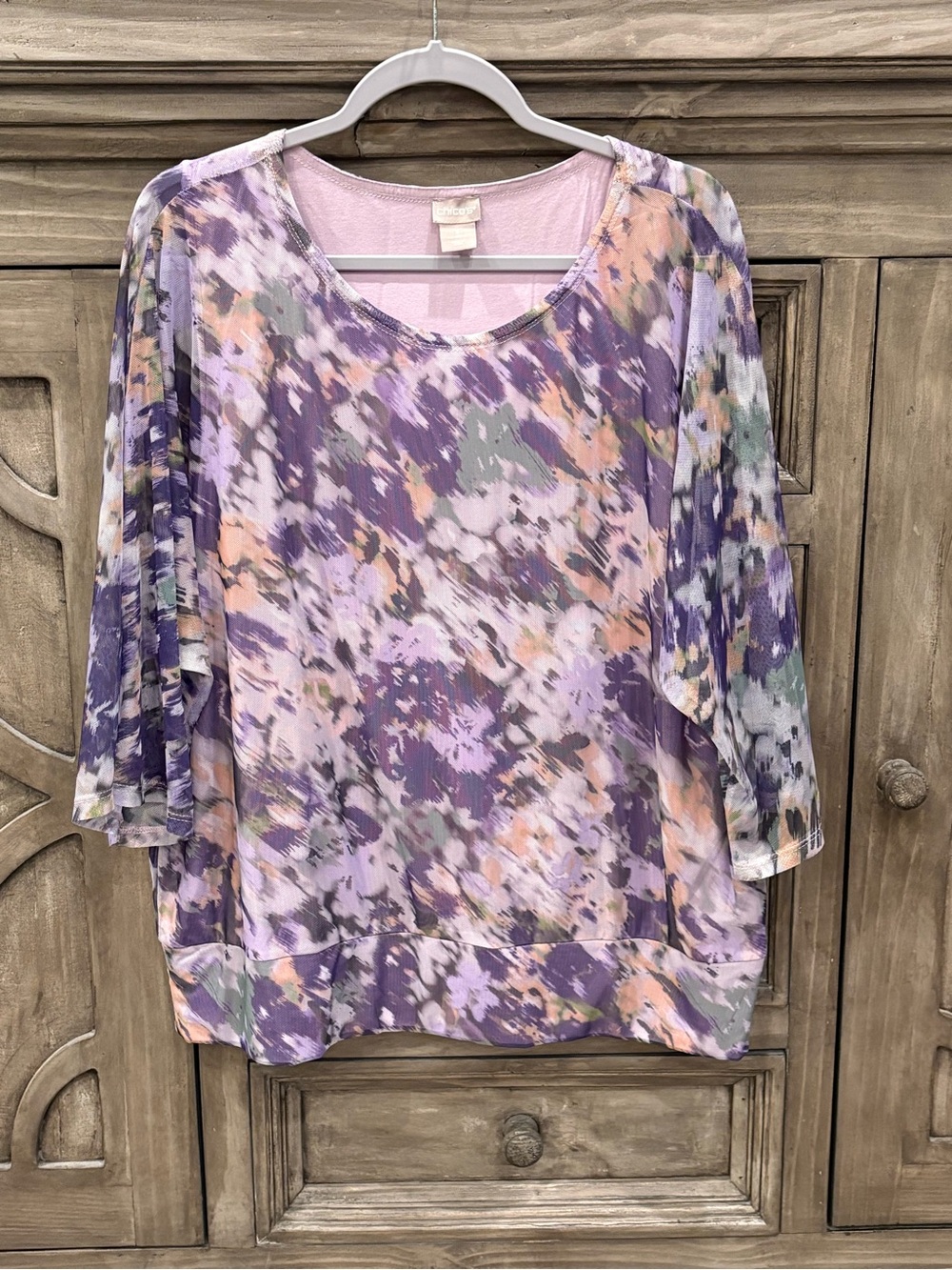 EUC Women’s CHICO’S Lilac Purple Floral 3/4 Sleeve Blouse (XL/3)